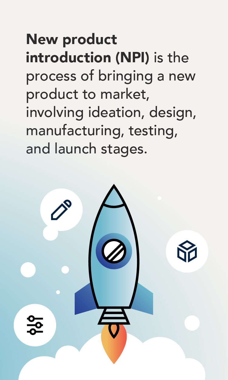 Definition of new product introduction with rocket illustration.