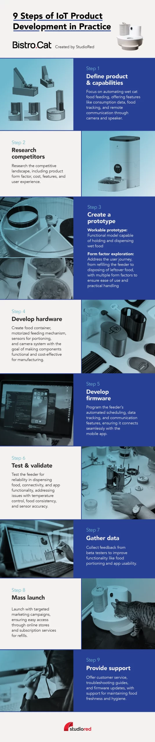 Infographic with 9 steps of IoT product development for the Bistro Cat automated cat feeder.
